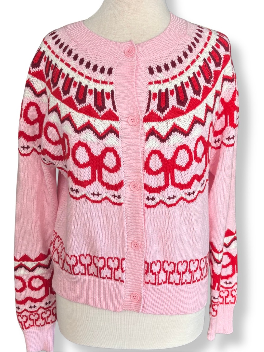 VICI Pink Red Fair Isle Heart Cardigan Sweater XL Cotton Blend